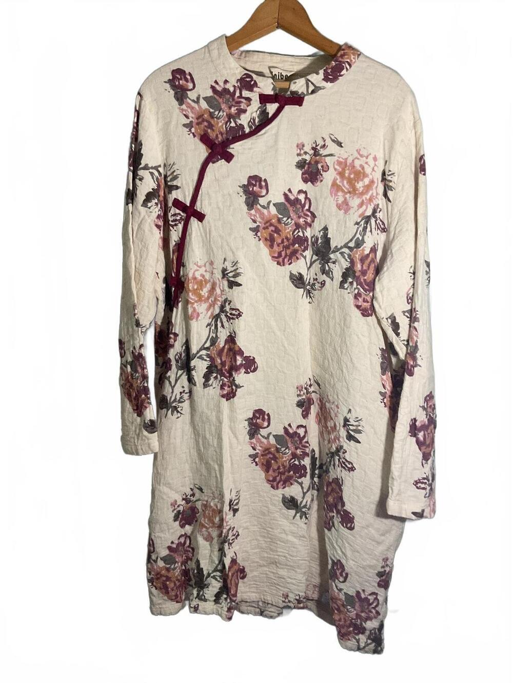 Minibe Floral Print Textured Long Sleeve Dress/Burgundy Trim Oriental Size XXL